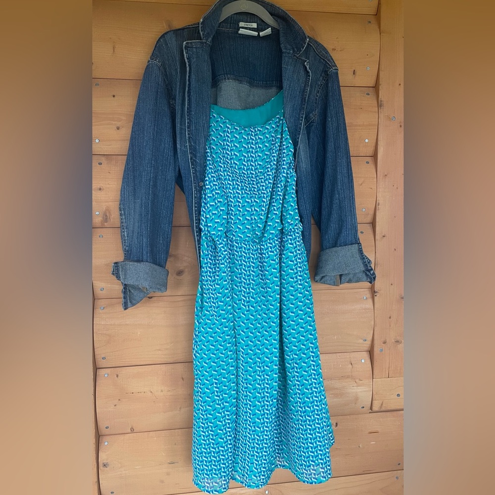 NY Collection blouson and tank style geometric print dress.  Size Large. - Picture 4 of 10